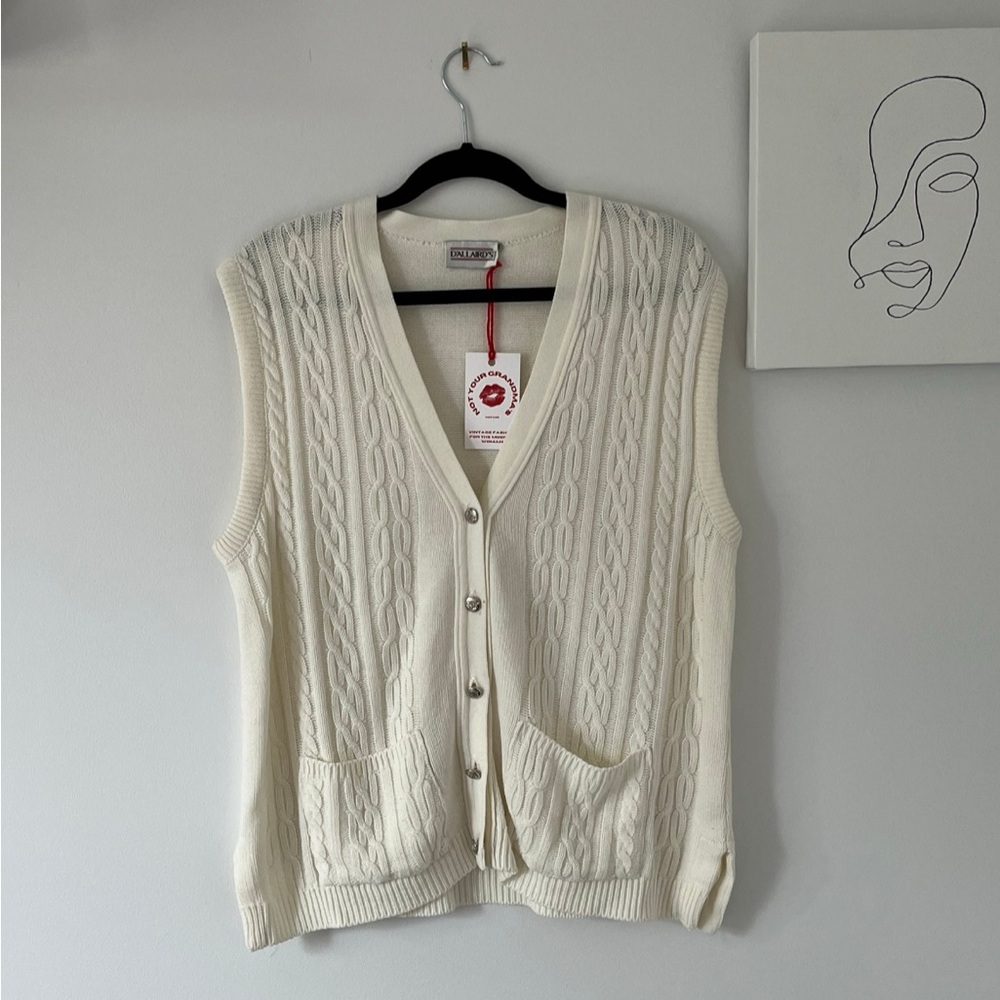 90's Academia Inspired White Knit Vest with silver button details